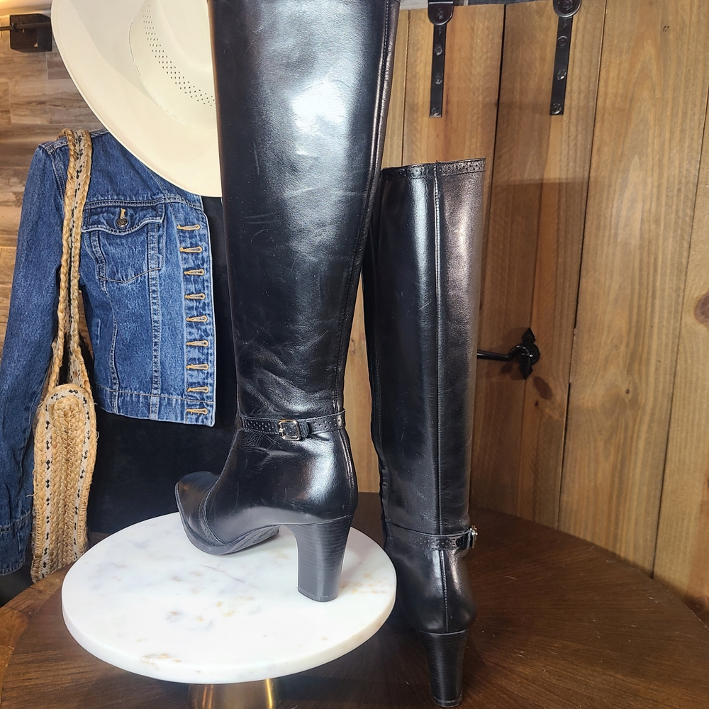 Women's Buckle Detailed Black Leather Heeled Boots - Picture 4 of 6